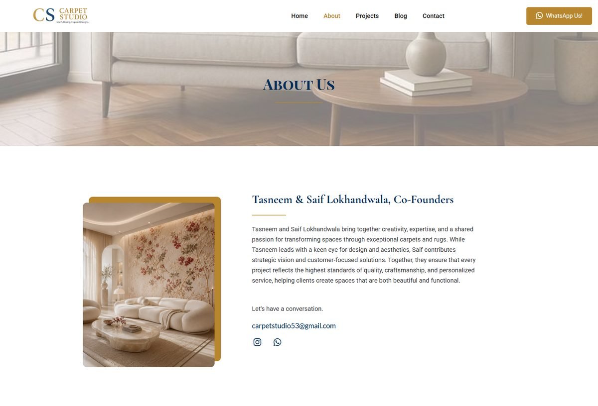 The Carpet Studio About Us page featuring founders Tasneem and Saif Lokhandwala